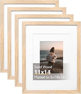 KINLINK Natural Solid Wood 11x14 Picture Frames Set of 4 - Fits 5x7/8x10 with Mat or 11x14 Photos, Plexiglass, Wall & Tabletop Display