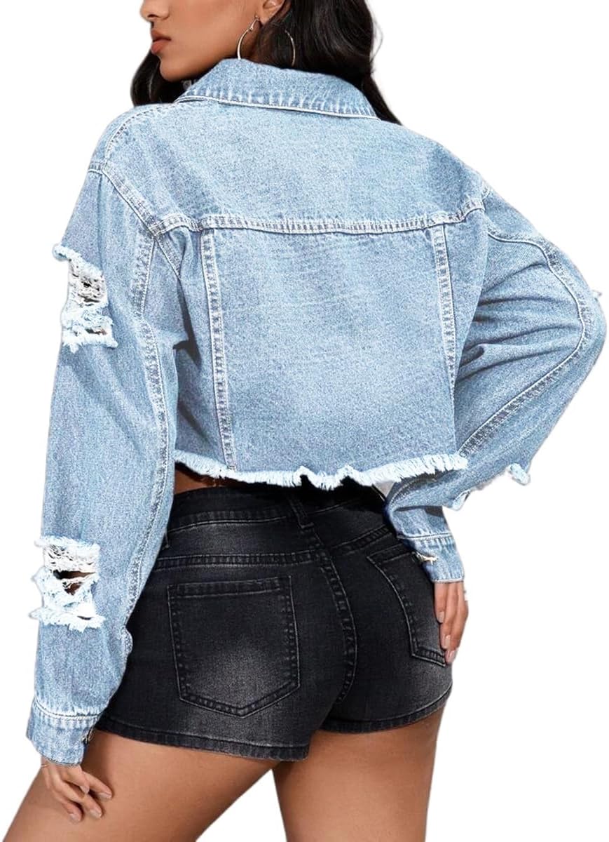 DvaeMalligo Women's Cropped Denim Jacket Ripped Button Down Long Sleeve Raw Hem Distressed Short Jean Jackets - Image 2