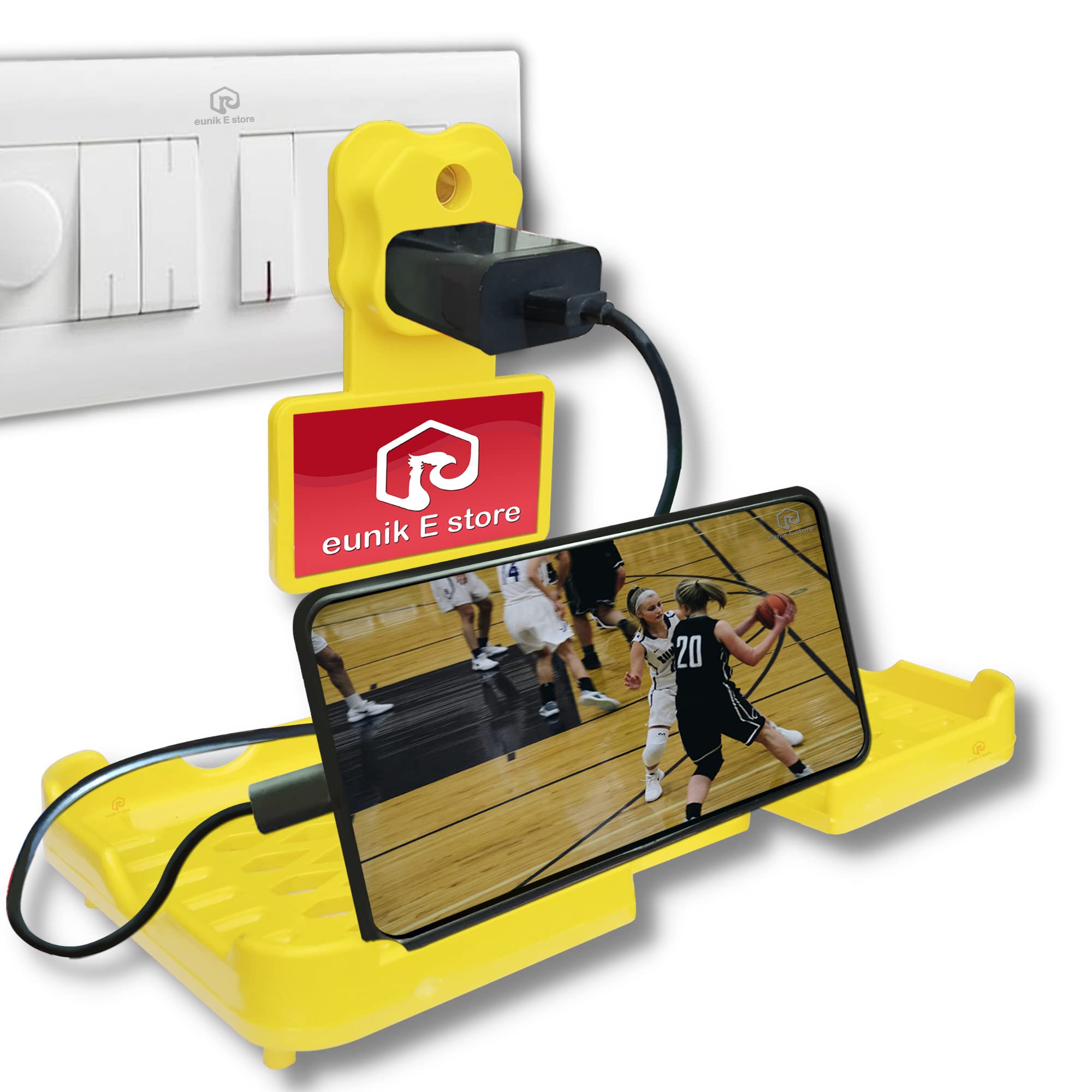 eunik E store Multipurpose Mobile Charging Holder for Wall, Easily Fit in Any Switch Board Just fix and Hang, Support Up 6.5 inch Cell Phone Fancy Yellow