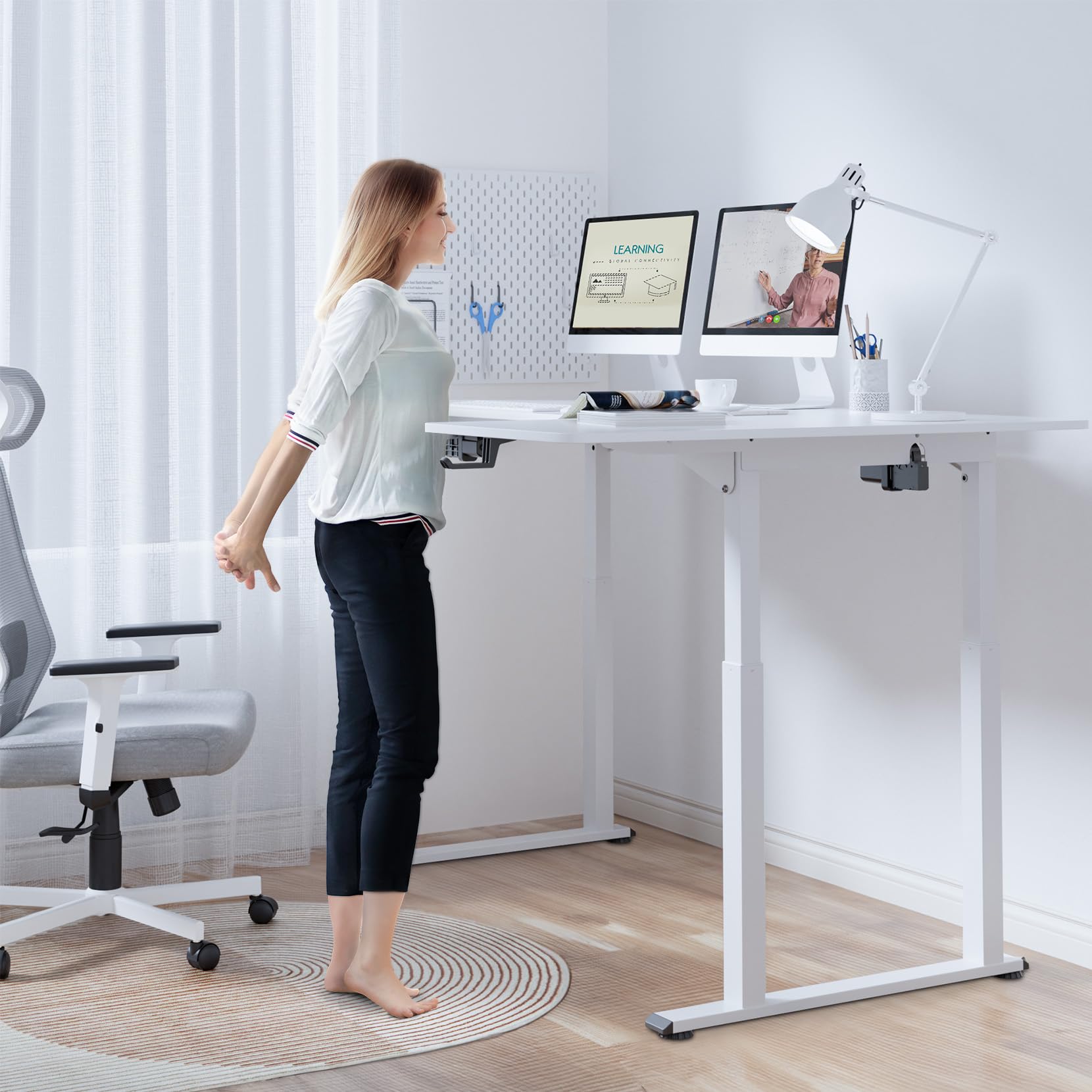 Dripex Scrivania regolabile in altezza 180x110cm, Scrivania ad angolo con doppio motore, Standing Desk con 4 gambe per una super stabilità, bianca