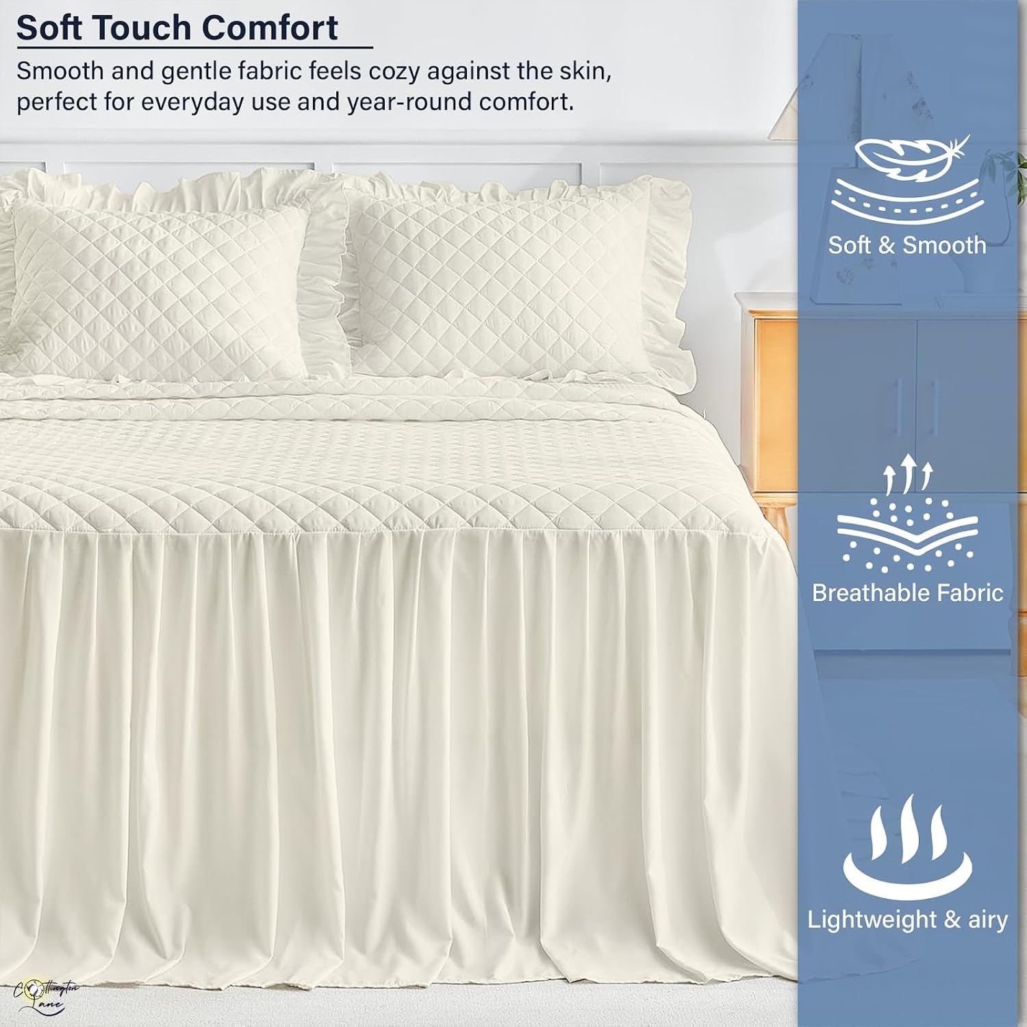 Cottington Lane Queen Bedspread Set 3 Piece, Vintage Quilted Ruffle Bedspread with 30" Drop, No Bed Skirt Needed, Lightweight Summer Coverlet, Chic Farmhouse Bedding,Ivory