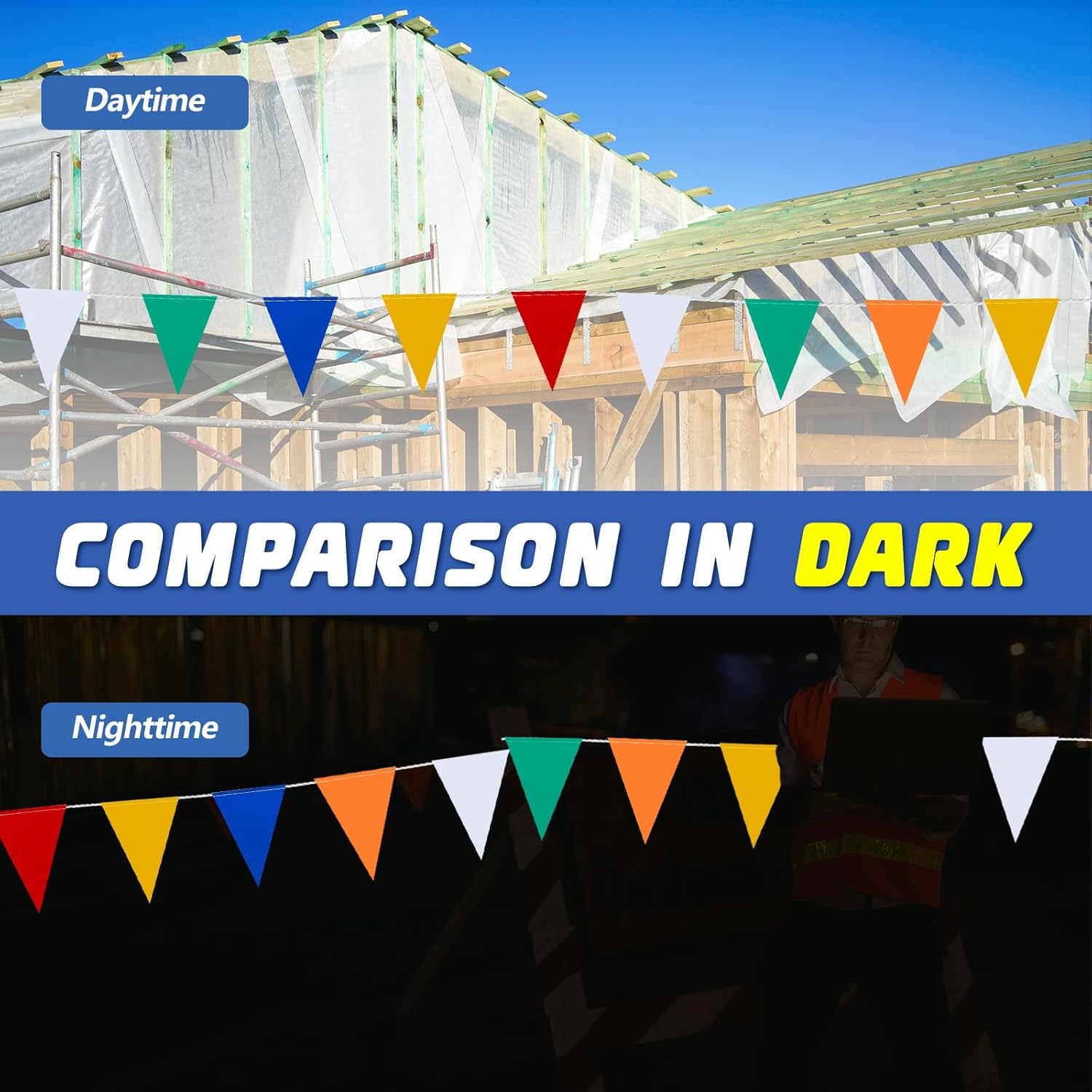 Preboun Pennant Banner Flags 102 ft Perimeter Marking Flags Safety Pennant Banner Strand Fade Resistant for Traffic Barrier Construction Warning of Hazardous Areas Scaffolding Sporting Events - Image 5