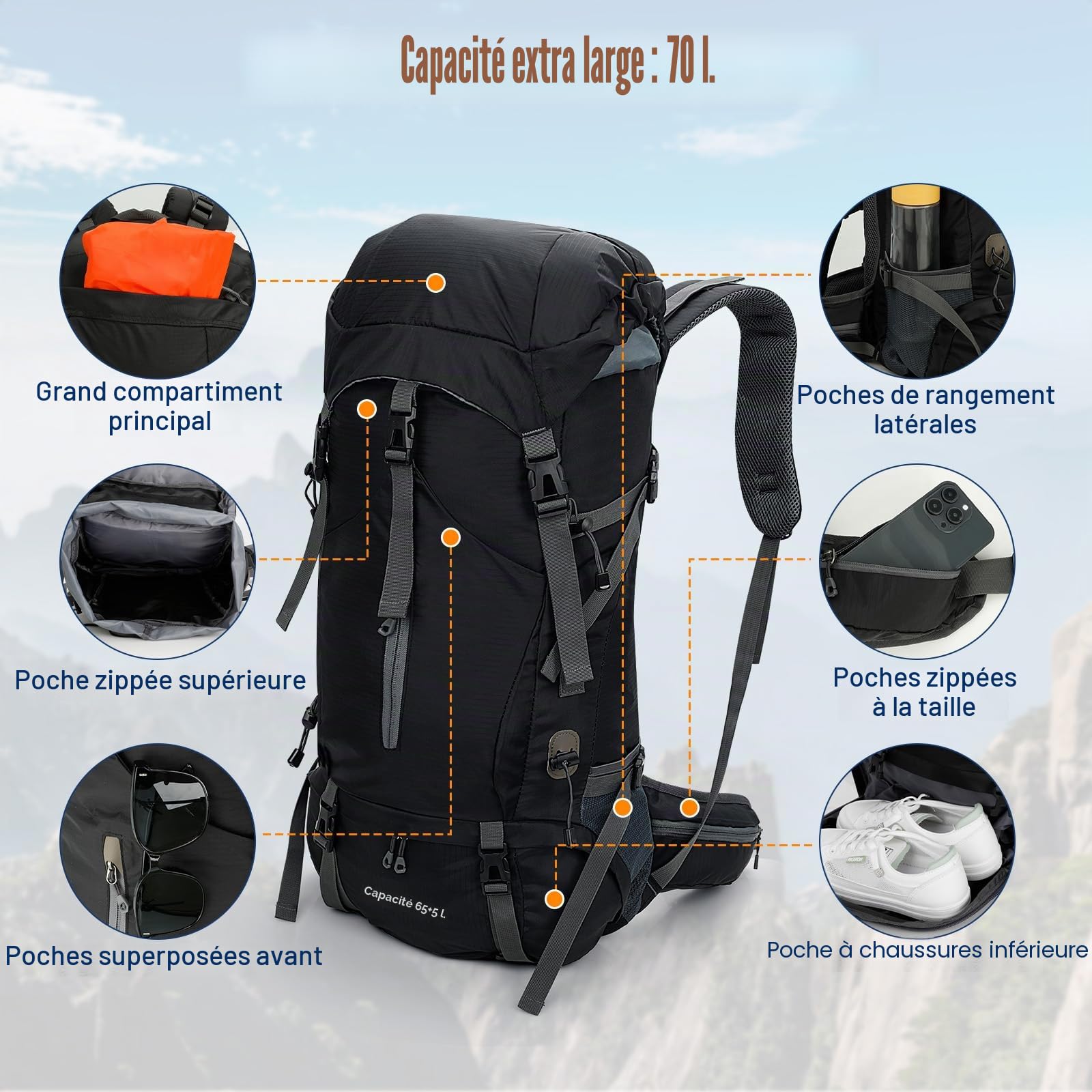 Cozary Sac à Dos Randonnée 70L Anti-Déchirure Imperméable avec Housse Pluie, Système Respirant pour Trekking Camping Randonnée