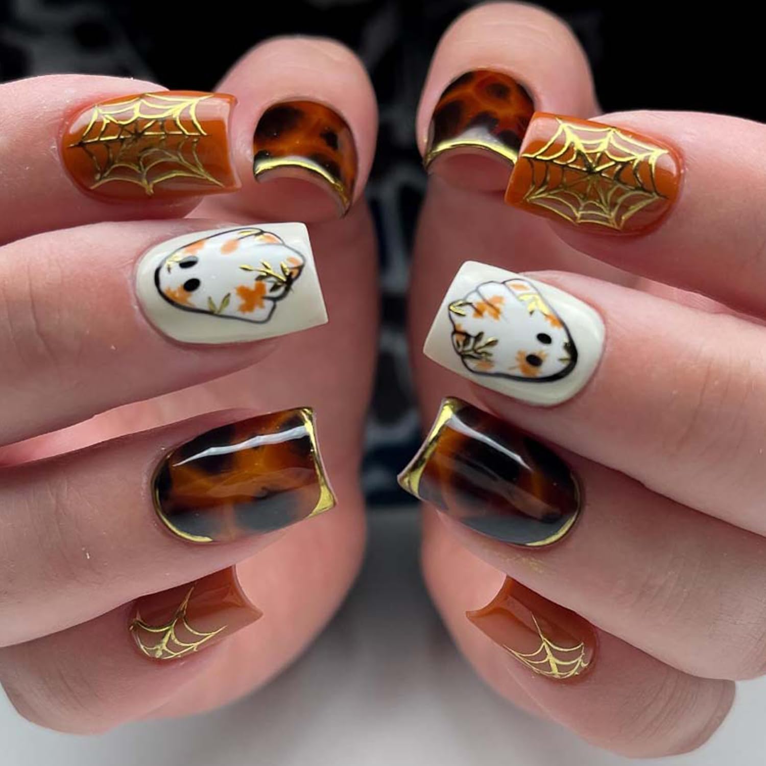 Halloween Press on Nails Short Square Fall Holiday Fake Nails 24Pcs