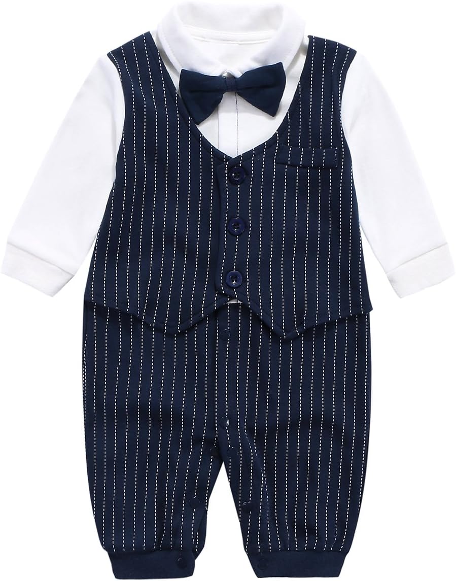 Mornyray Baby Boy Formal Jumpsuit Gentleman Wedding Outfit Tuxedo Suit with Bowtie