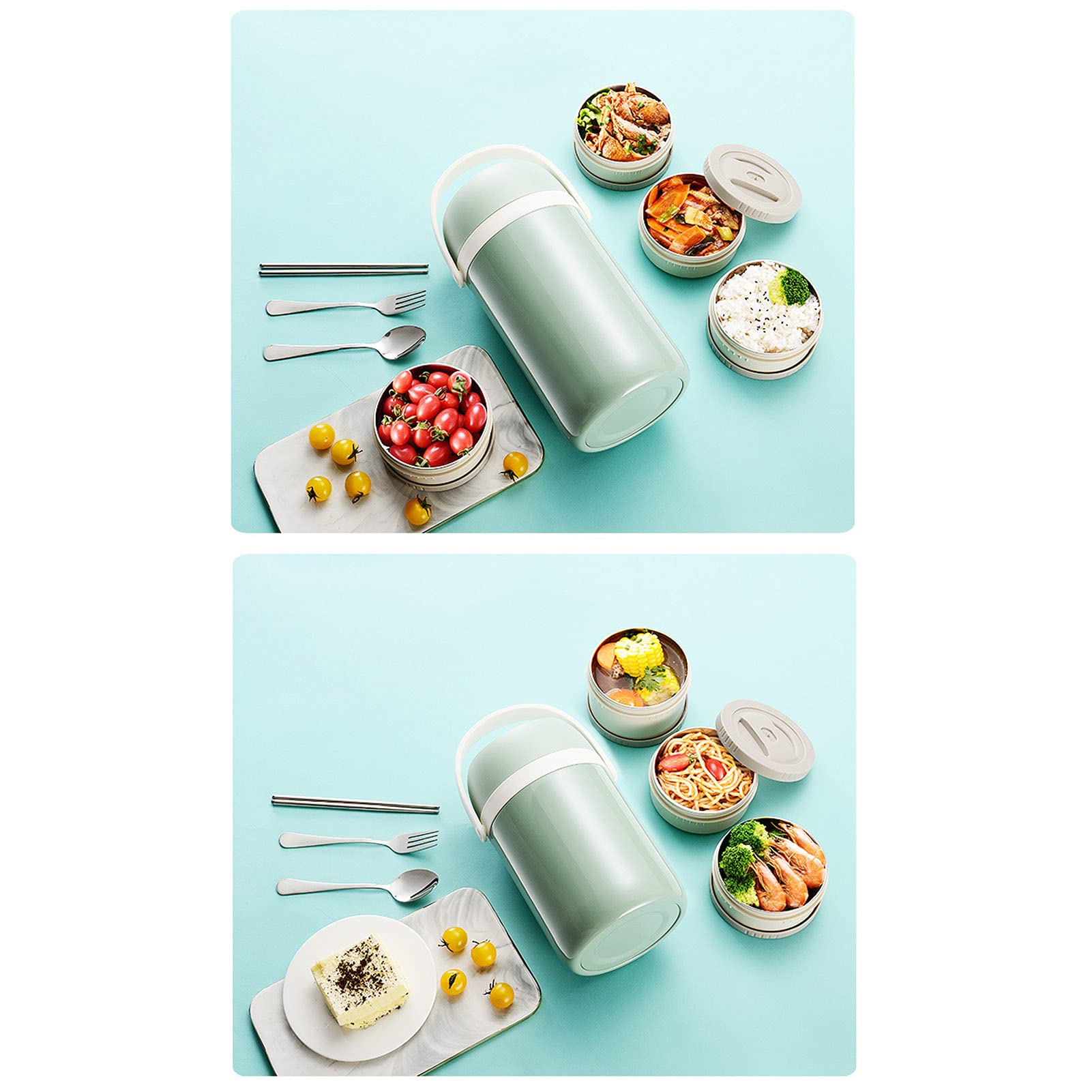 Thermo Bento Boxen,316L Edelstahl isolierter Thermos-Lebensmittelbehälter,Auslaufsicherer Thermobehälter Lunchbox,Stapelbare Snackbox mit Löffel Essstäbchen und Lunchtasche,Grün,1.6L