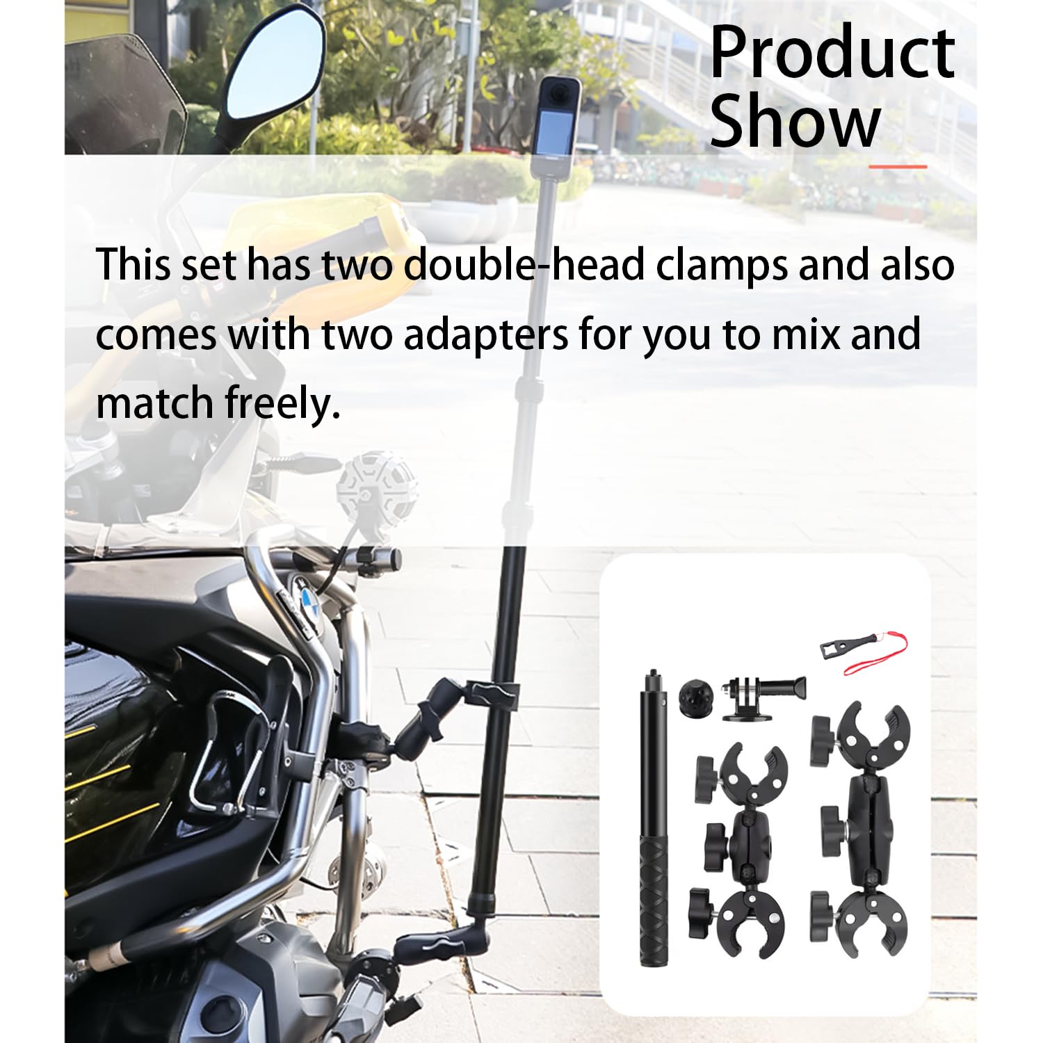 Accessori Per Insta 360 x4,Per Insta 360 x3 Kit Moto,Supporto Per Videocamera,Rotazione Di 360 Gradi,Doppio Morsetto,Alluminio,Doppia Stabilità,Per Insta360 x5,x4,x3,x2,Per One Rs,Per Ace,Ace Pro