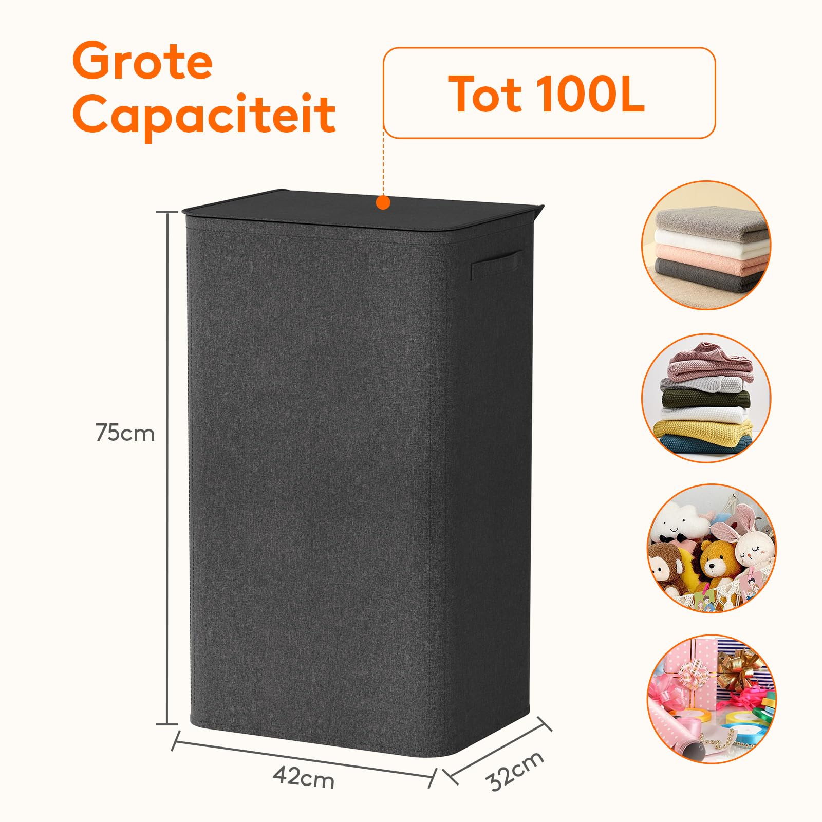 Lifewit Wasmand met deksel, wasmand van 100 liter, wasmand met bamboe handgrepen en een afneembare waszak, grote opvouwbare wasmand voor slaapkamer, badkamer, slaapzaal, wasruimte, lichtgrijs