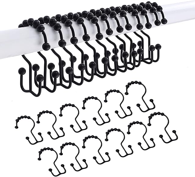 AWOCAN 12PCS Shower Curtain Hooks Curtains Liner Ring Stainless Steel Shower Curtain Hook Rings Double Glide with Smooth Rails Roller Rods (black)
