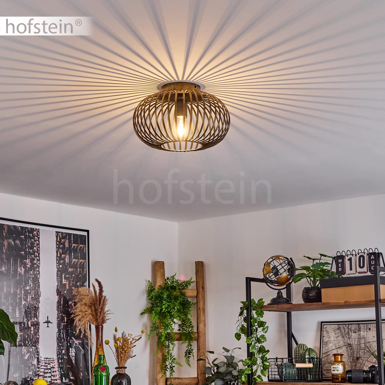 Plafoniera Oravi, lampada da soffitto rotonda in metallo in nero antico, 1 luce, attacco E27, senza lampadina, Ø 30 cm, luce retro/vintage con grande effetto luminoso grazie all'ottica a reticolo