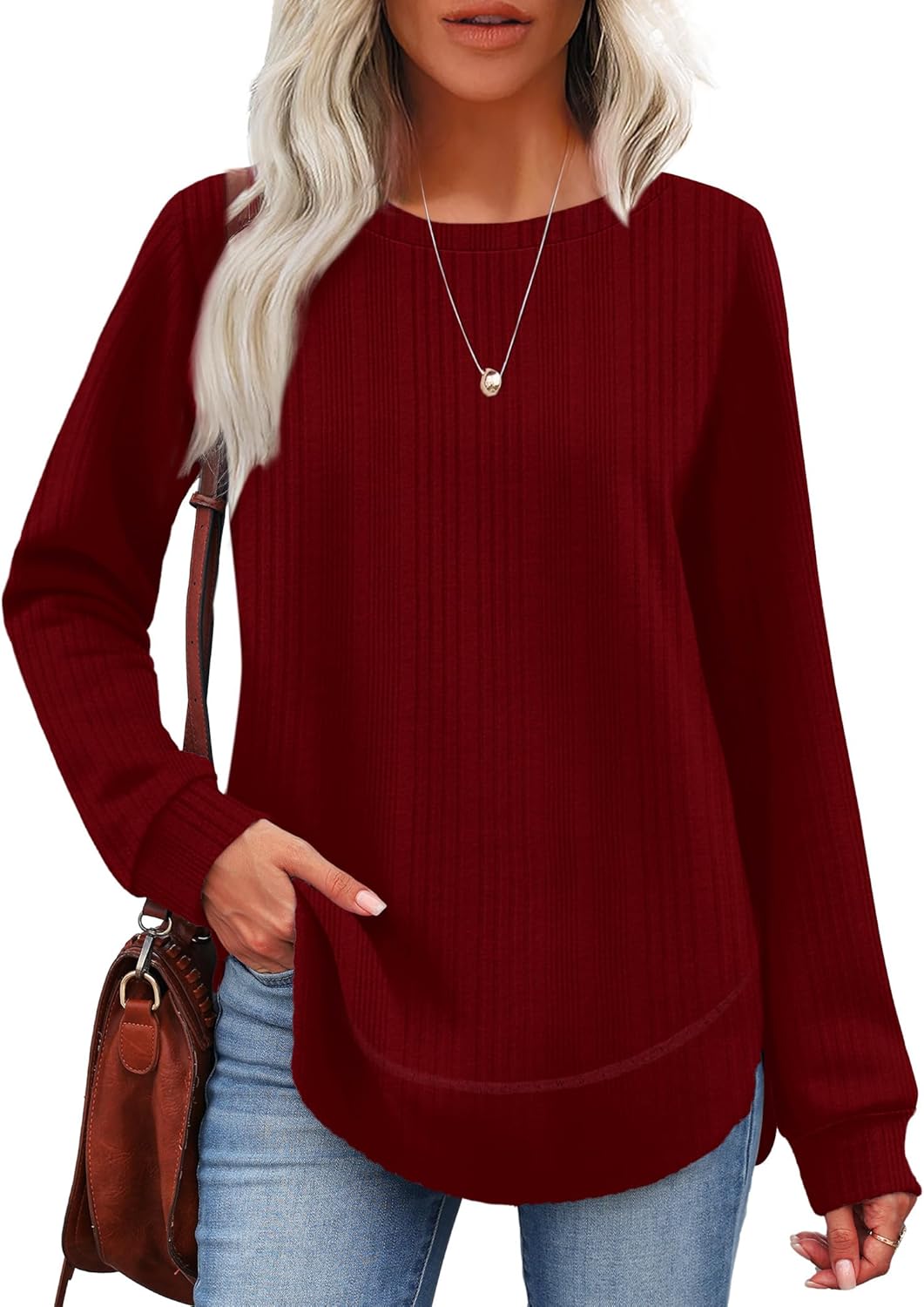 OFEEFAN Tunic Tops for Women Loose Fit Dressy Long Sleeve Shirts Womens Sweaters Crew Neck Fall Clothing with Curved Hem - Image 2