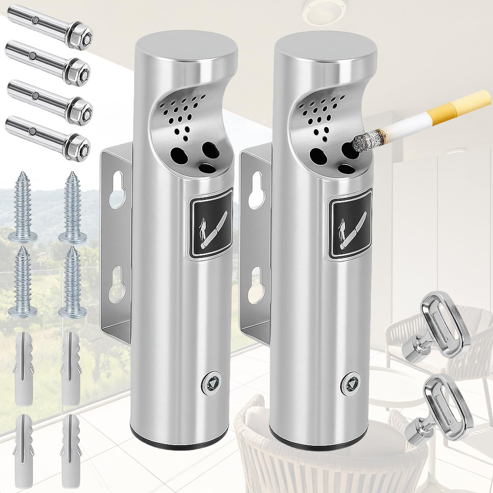 Cenicero de Pared Exterior Redondo de Acero Inoxidable para Restaurantes, Oficinas y Hoteles con Cerradura por Poweka (Plata, 2PCS)