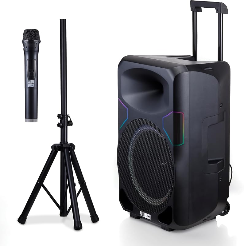 Altec Lansing parlante portátil SOUNDROVER PRO 650, potencia máxima de 650 W, biamplificado, iluminación LED, micrófono inalámbrico incluido, entrada auxiliar, alimentado por pared, perfecto para fiestas, DJ y karaoke