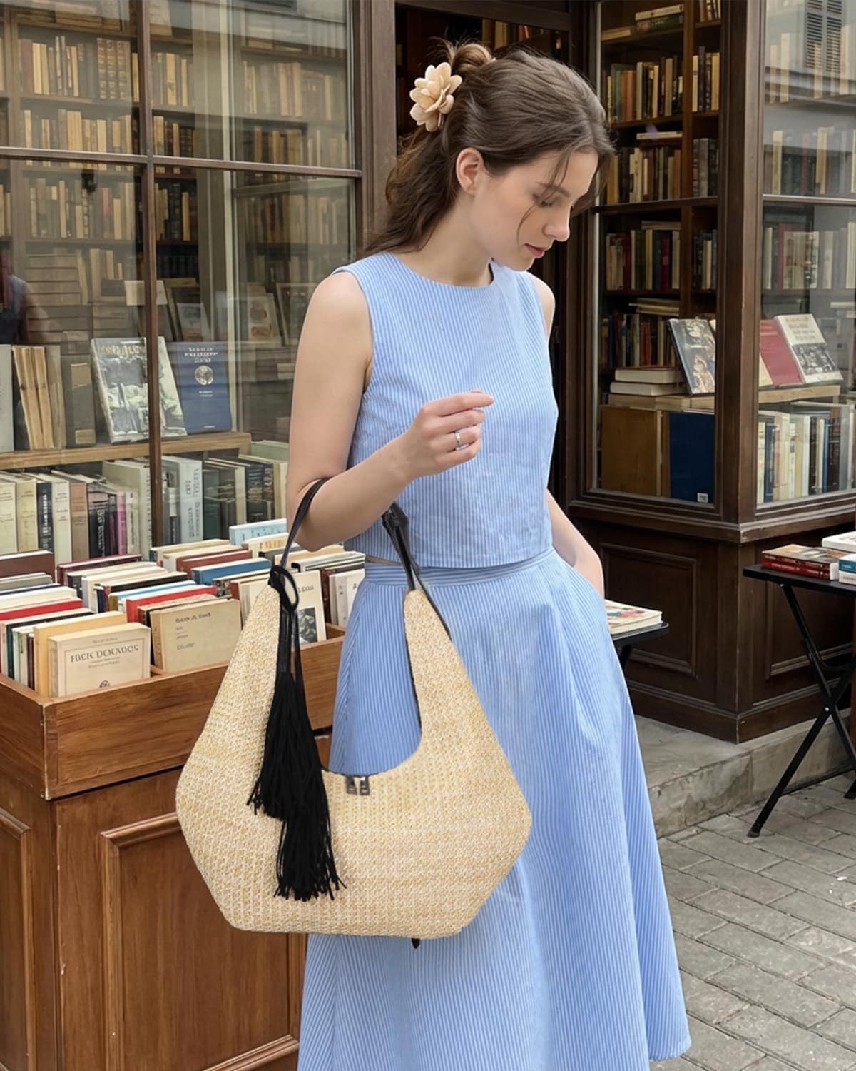 Herald Tassel Straw Hobo Shoulder Bag for Women, Summer Beach Crescent Crossbody Purse Handbag with Adjustable Strap - Image 3