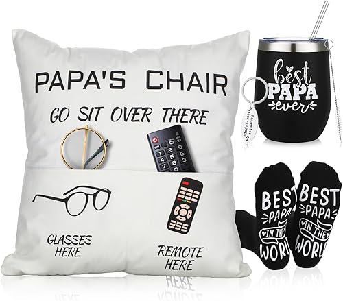 Sliner Juego de 4 piezas de regalos para papá, 18 x 18 pulgadas, fundas de almohada de 12 onzas, vaso de café, llavero y calcetines para papá,