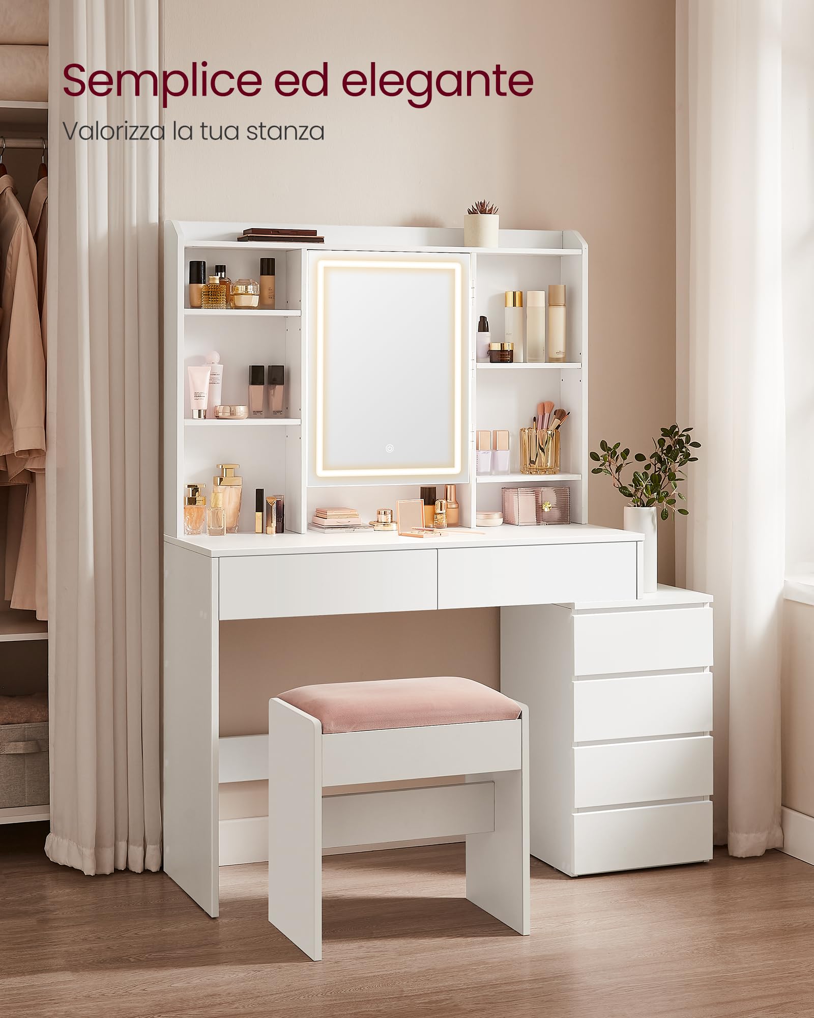 VASAGLE KAILYN Collezione - Toeletta con Luci LED a Luminosità Regolabile, Tavolo da Trucco con Specchio, 40 x 118,3 x 145 cm, Scomparti Aperti, Ripiani Regolabili, Moderno, Bianco Nuvola RDT624WB01