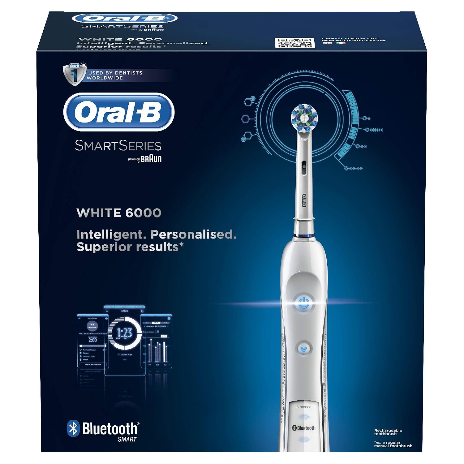 Oral-B PRO 6000 SmartSeries CrossAction Electric Toothbrush, White, with Wireless Smart Guide