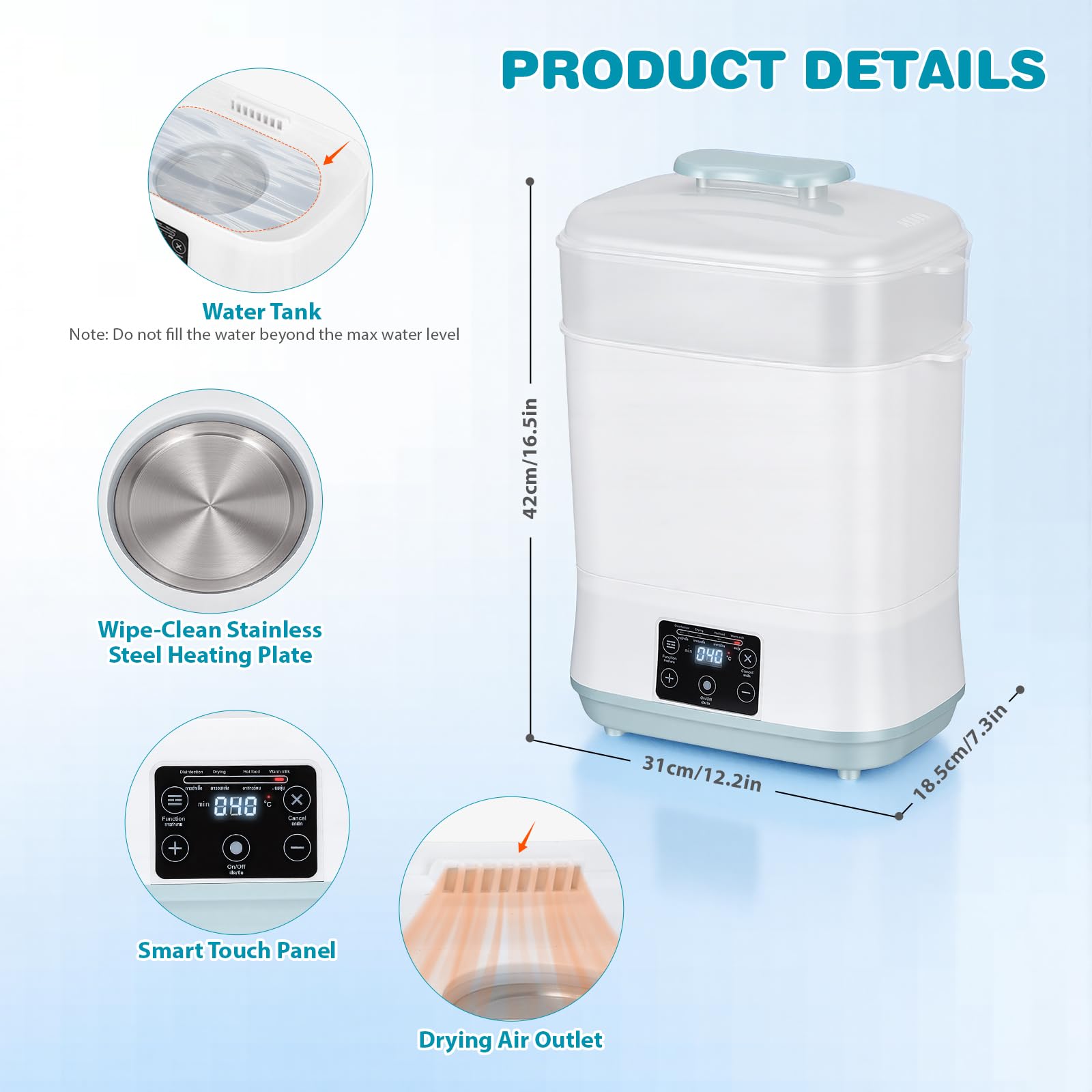 Sterilizzatore e asciugatrice per biberon, sterilizzatore elettrico a vapore 5 in 1 con kit di strumenti per la pulizia, sterilizzatore a vapore a 2 strati per biberon, ciucci, accessori per tiralatte