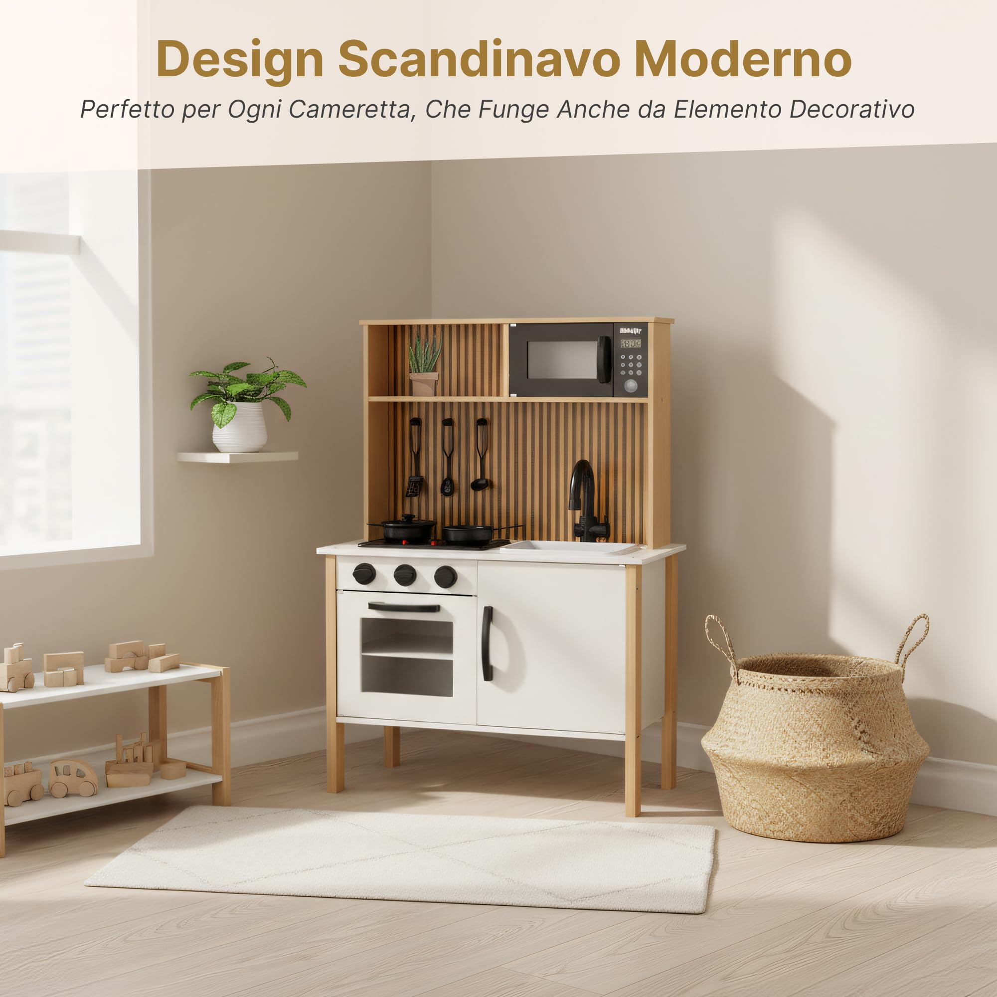 Cucina per bambini in legno con luce e suono - Cucina giochi con accessori, fornello, forno, lavello, microonde, cucina moderna in legno per bambini dai 3 anni in su, GS0070