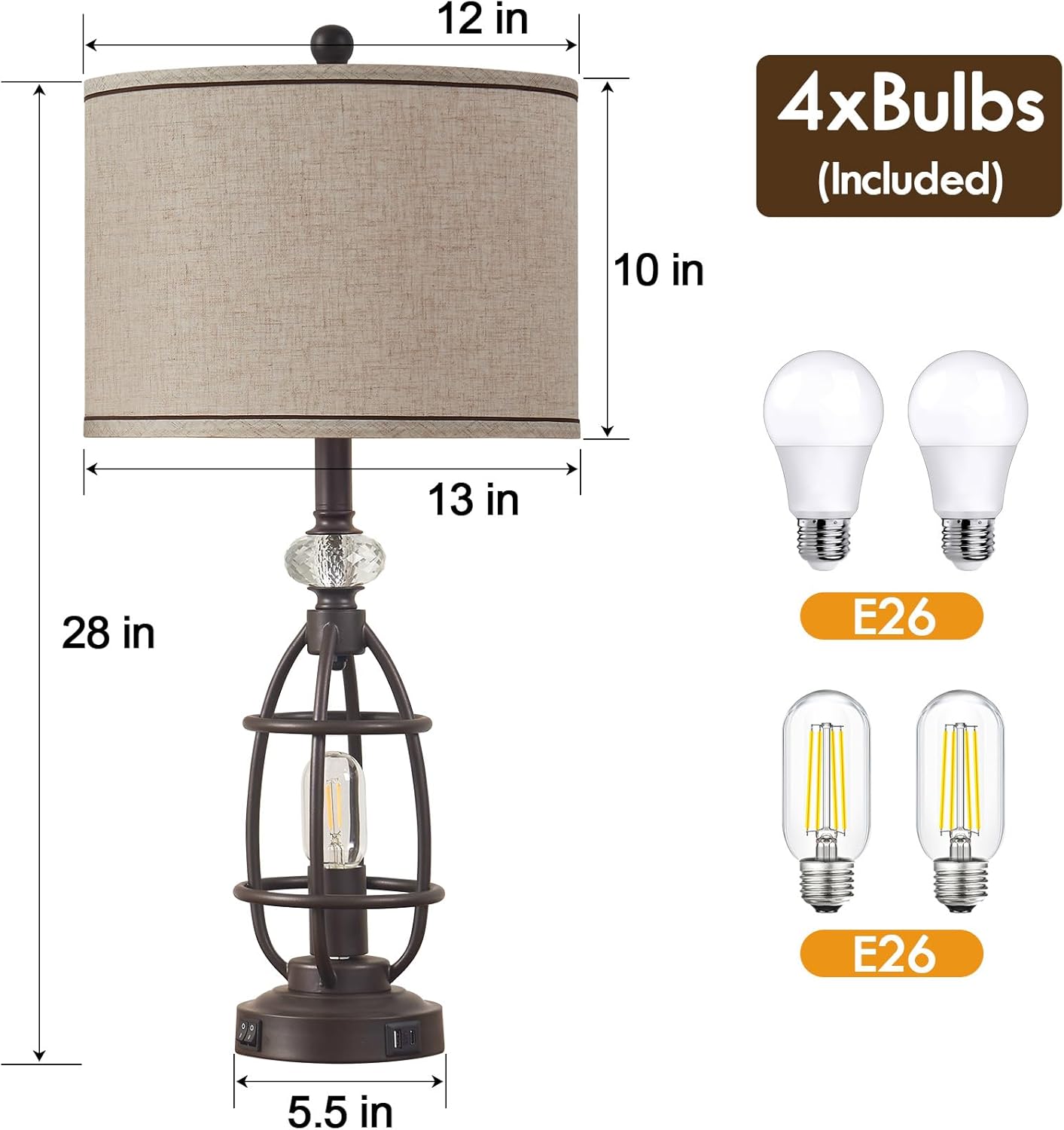 28'' Set of 2 Farmhouse Table Lamps Included 4 Bulbs for Living Room, Industrial Nightstand Table Lamps with USB +C Charging Ports for Bedroom End Table (Rustic Brown)