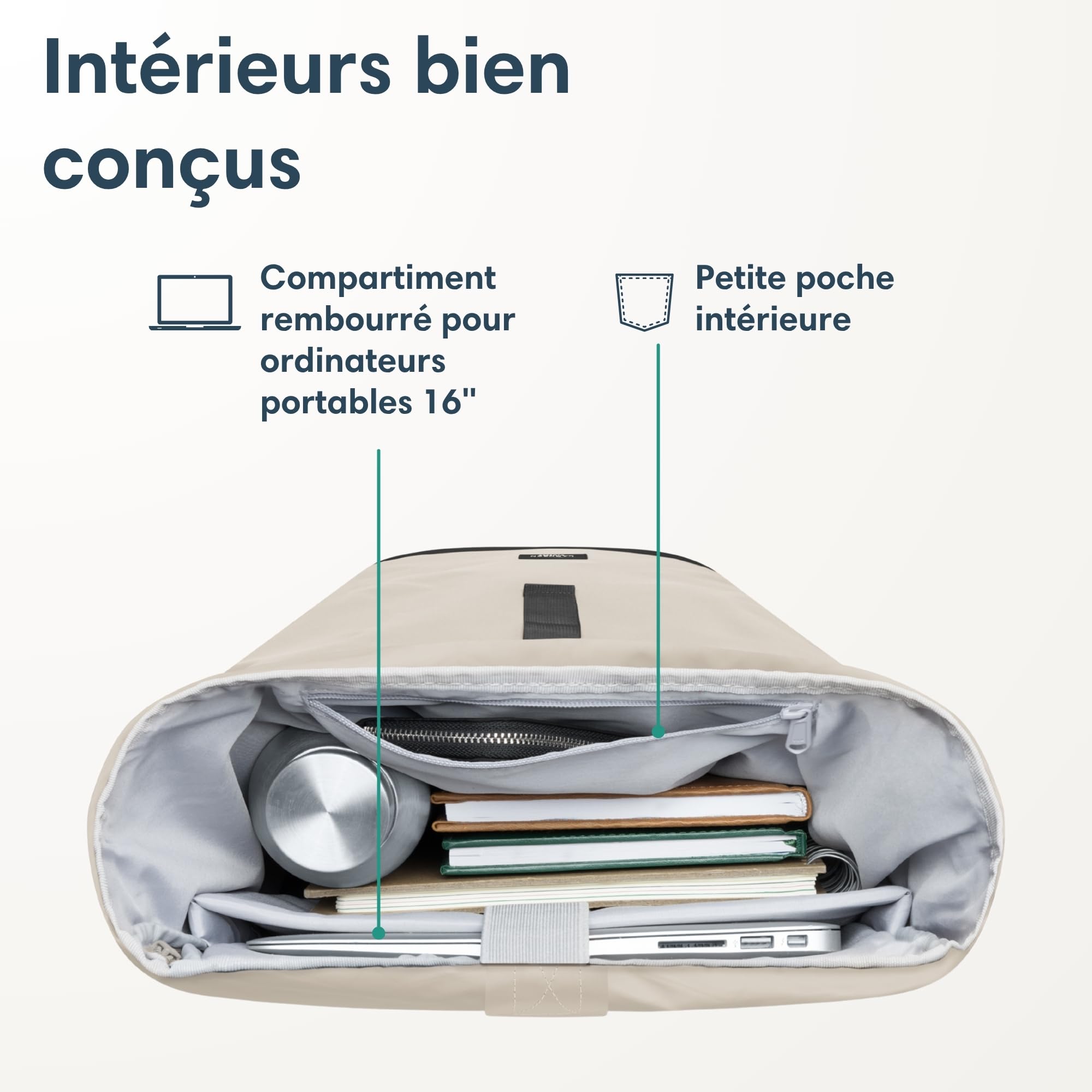 LARKSON Sac à Dos Femmes & Hommes Beige Gris - Janne - Sac à Dos Rolltop avec Compartiment pour Ordinateur Portable pour Université Travail Voyages & Vélo - Medium Backpack - Hydrofuge