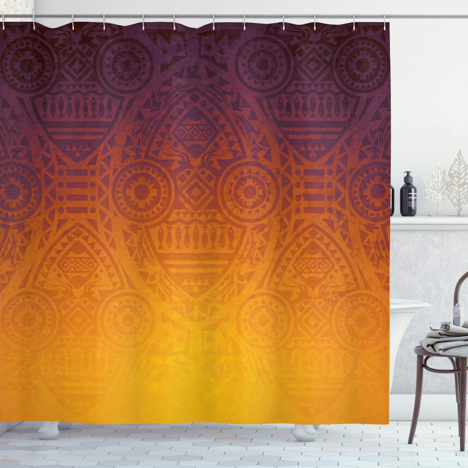 Ambesonne Ethnic Shower Curtain, Mysterious Wall Motifs Ceremonial Mystical Artwork, Cloth Fabric Bathroom Decor Set with Hooks, 69" W x 84" L, Burnt Orange