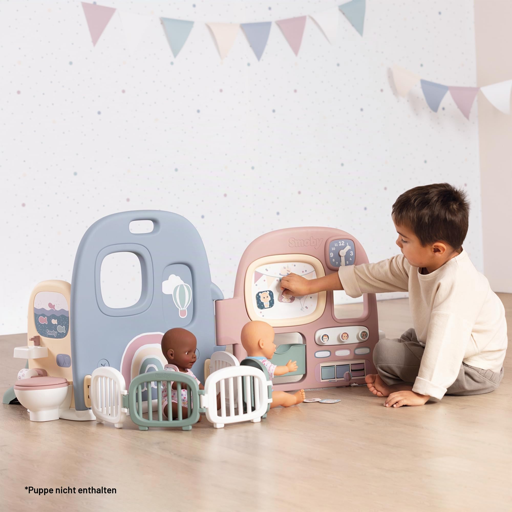 Smoby - Baby Care Puppen-Kita - einklappbares Puppen-Spielcenter (107,9x77,9x51 cm) mit 360° Spielfläche und 27 Extras, Spielzeug für Kinder ab 3 Jahre