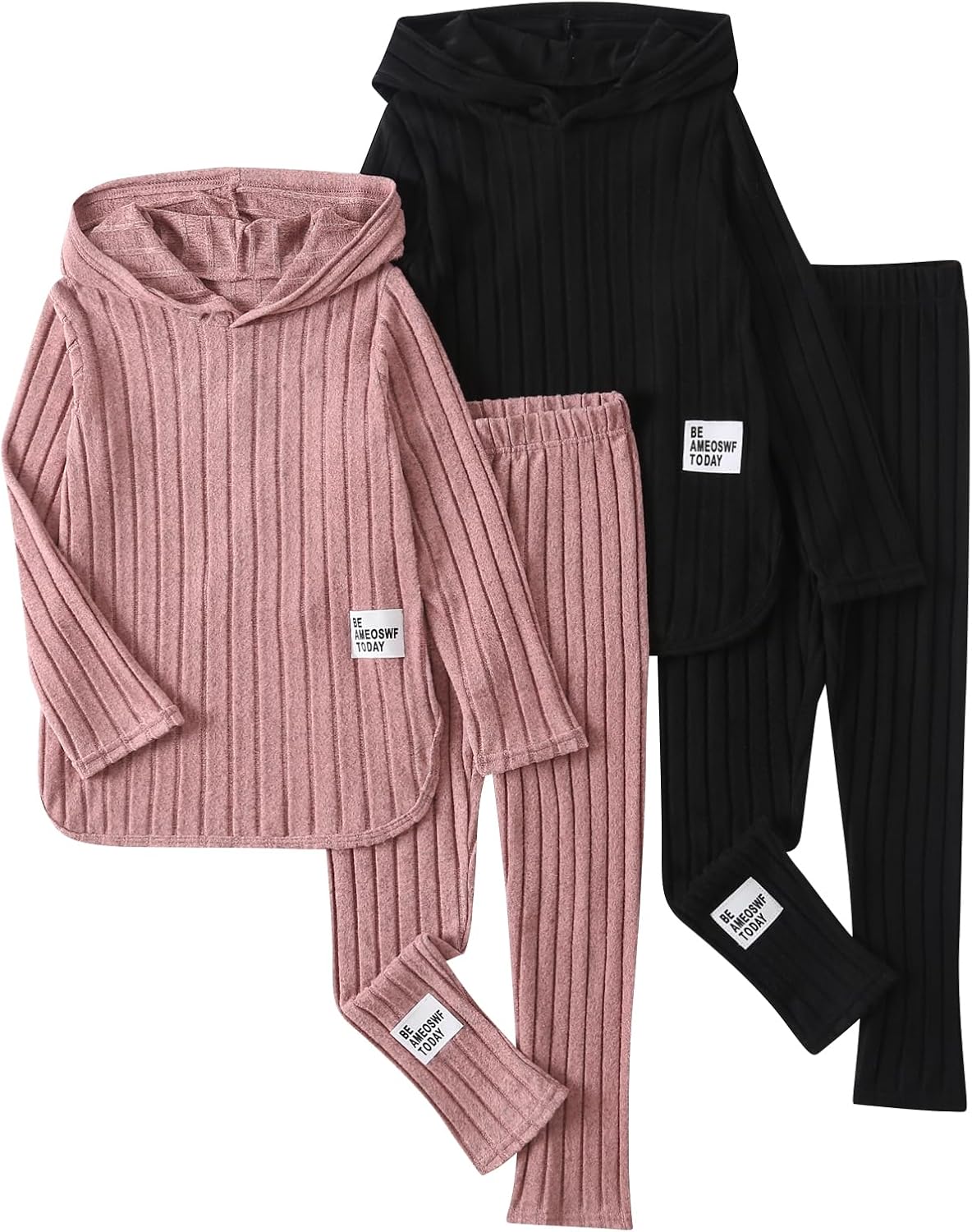 Girls Fall Clothes Set Ribbed Knit Hooded Pullover Sweatshirt and Active Sweatpants Size 3-12 Years