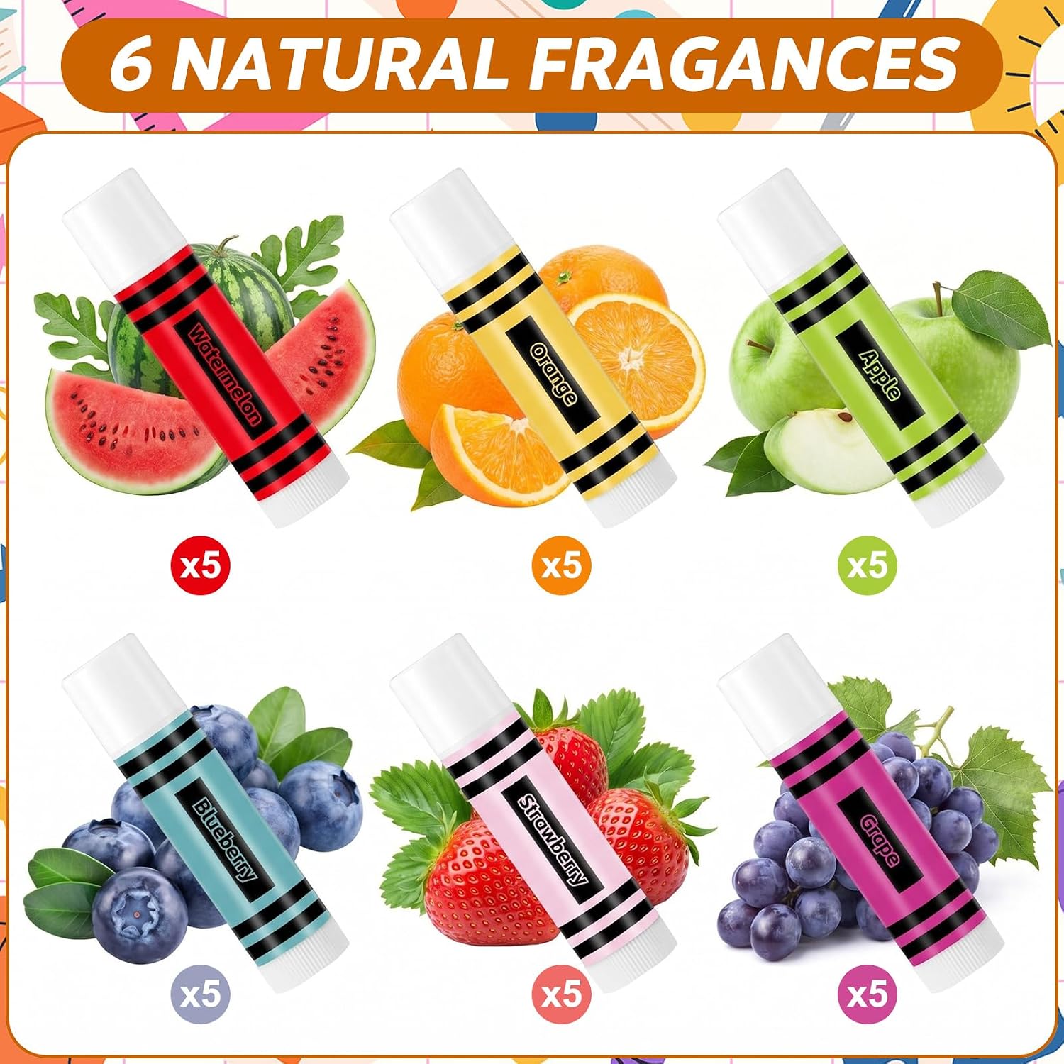 30 Pack Crayon Lip Balm Bulk 6 Fruit Flavors Natural Moisturizing Lip Balms Crayon Party Favors for Kids Students Back to School Classroom Rewards Birthday Holiday Gift image 5