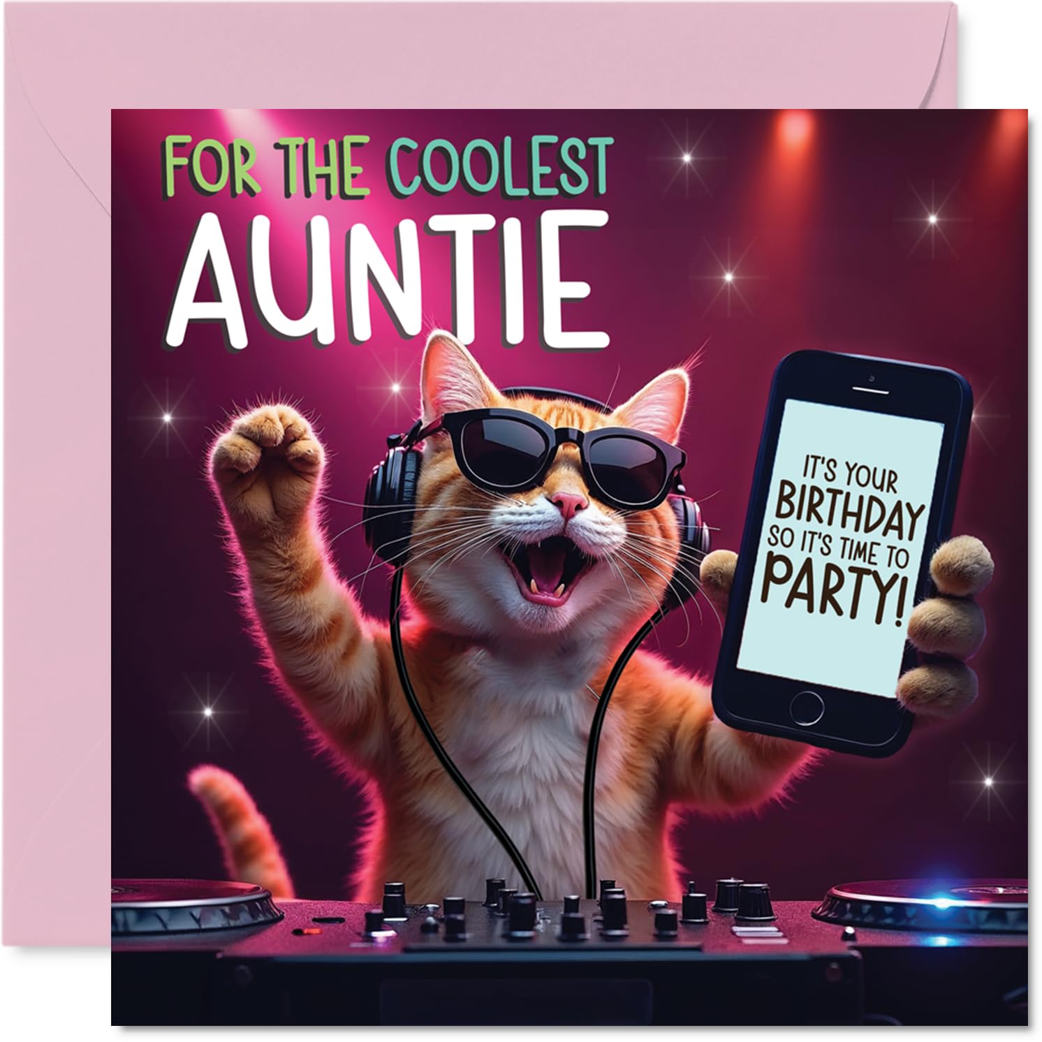 Auntie Birthday Card - Party DJ Cat - Happy Birthday Card for Auntie from Nephew Niece, 145mm deejay cat Bday Greeting Cards