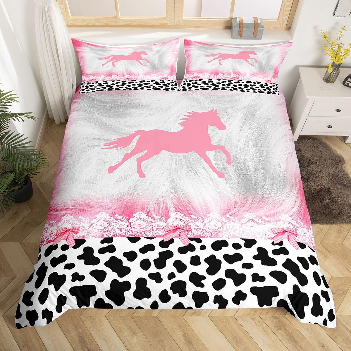 Feelyou Pink Cow Girl Bedding Set Western Horse Decor Comforter Cover Set for Kids Teens Pink and White Cow Fur Duvet Cover Cowhide Pink White Bedspread Cover Room Decor Bedroom Bedclothes Full Size