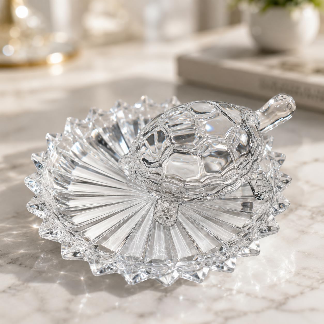 Crystal Turtle Showpiece with Decorative Tray, Lucky Feng Shui Tortoise Figurine, Premium Crystal Glass Tabletop Home & Office Décor, Living Room, Bedroom & Gift Item (11x5)-image-11