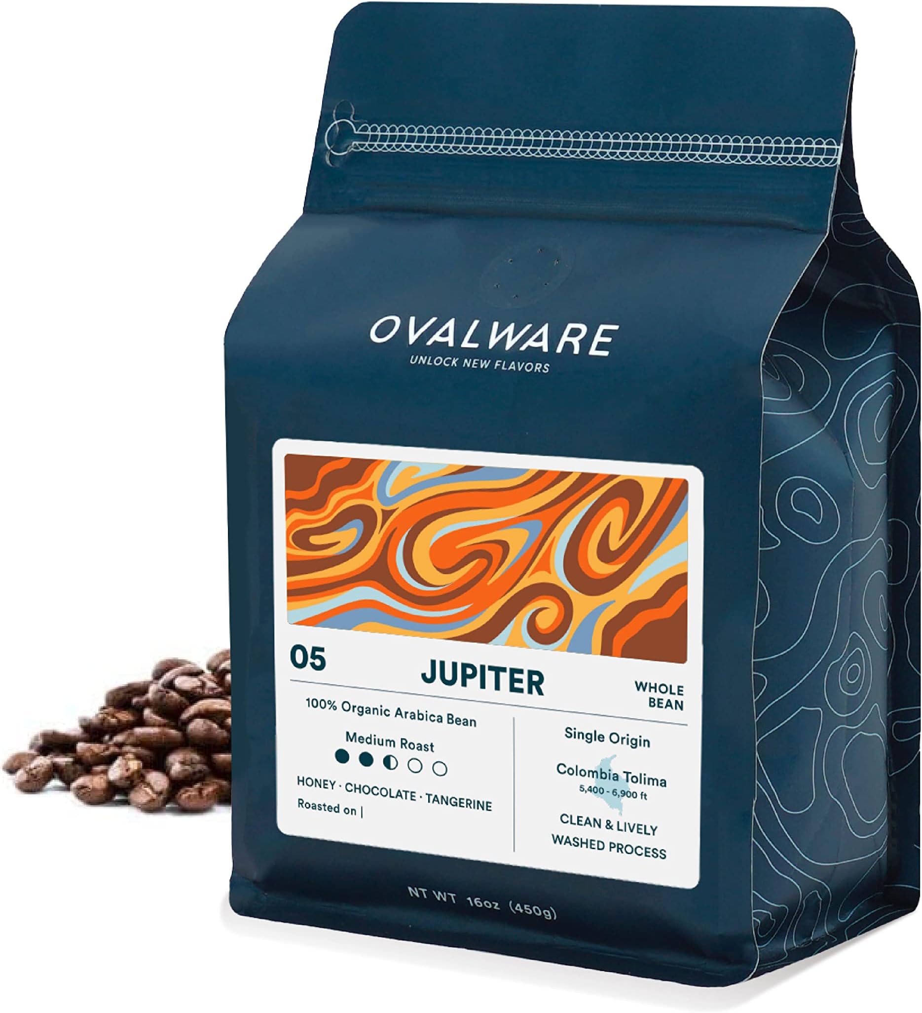 OVALWARE 05 Jupiter - Pour Over 100% Organic Arabica Medium Roast Whole Bean Coffee, Premium Single Origin Colombia Tolima (1lb. / 16oz.)