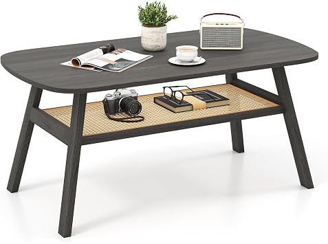 COSTWAY 2-Tier Coffee Table, Rectangular Cocktail Center Accent Tea End Sofa Side Table with Rattan Storage Shelf & Rubber Wood Legs for Living Room Bedroom Office, 100 x 55 x 45cm