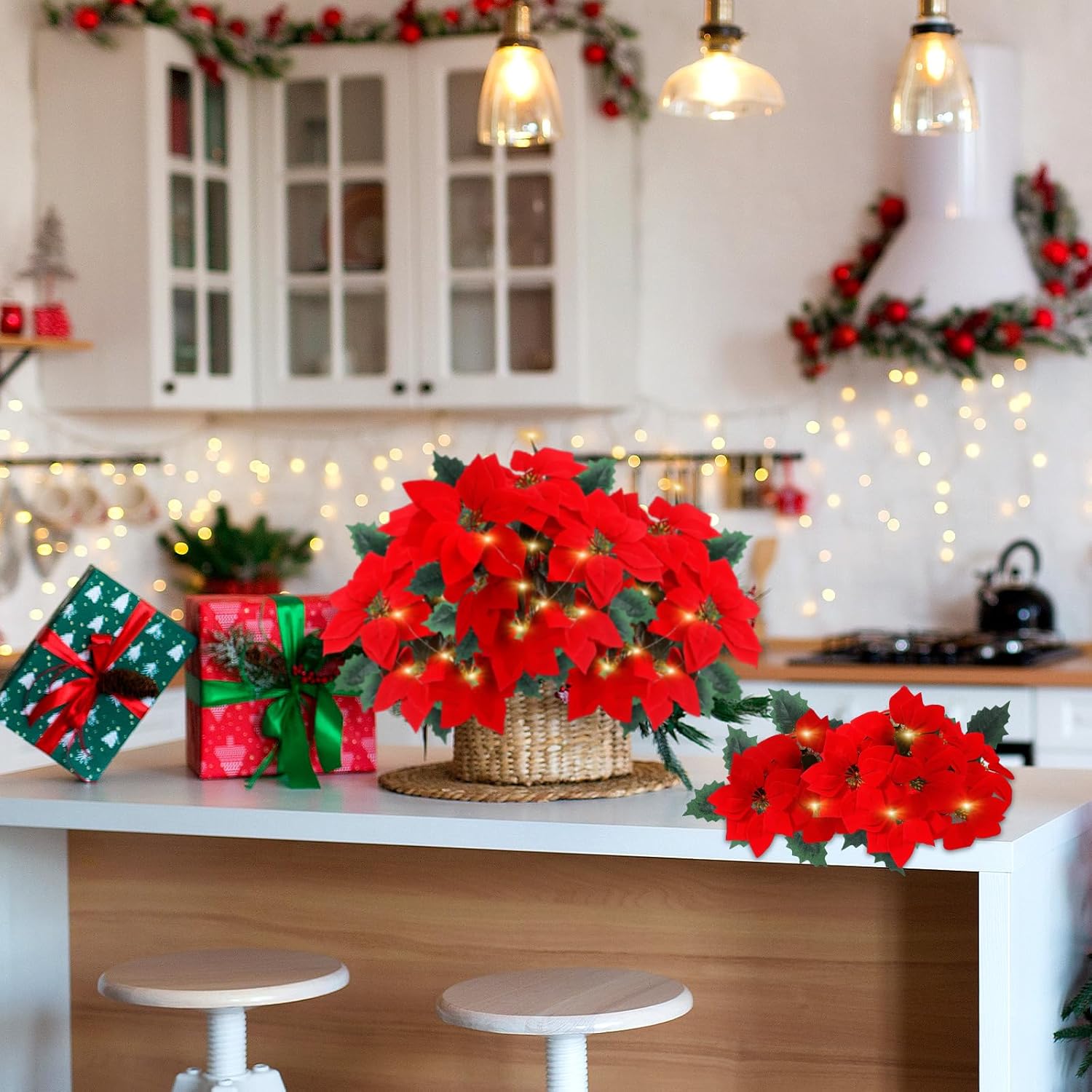 12 Sets Lighted Christmas Artificial Poinsettia Flowers Decorations Bulk 15.6 Inch Faux Red Stems Velvet Poinsettia Floral for Indoor Outdoor Christmas Tree Ornament Home Porch(Classic)