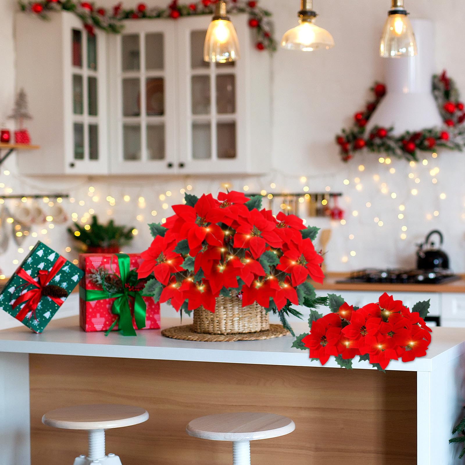 Lot de 12 fleurs de poinsettia artificielles lumineuses de Noël en vrac, 40 cm, 7 tiges artificielles en velours rouge pour intérieur et extérieur, décoration de sapin de Noël, maison, porche