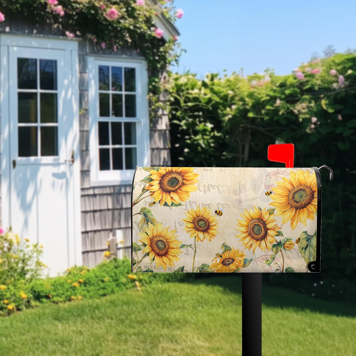 Spring Summer Floral Mailbox Covers Magnetic Sunflowers Flower Mailbox Cover Standard Size 21 x 18 Inch Vintage Rustic Mail Box Wraps for Farmhouse Garden Yard Decor