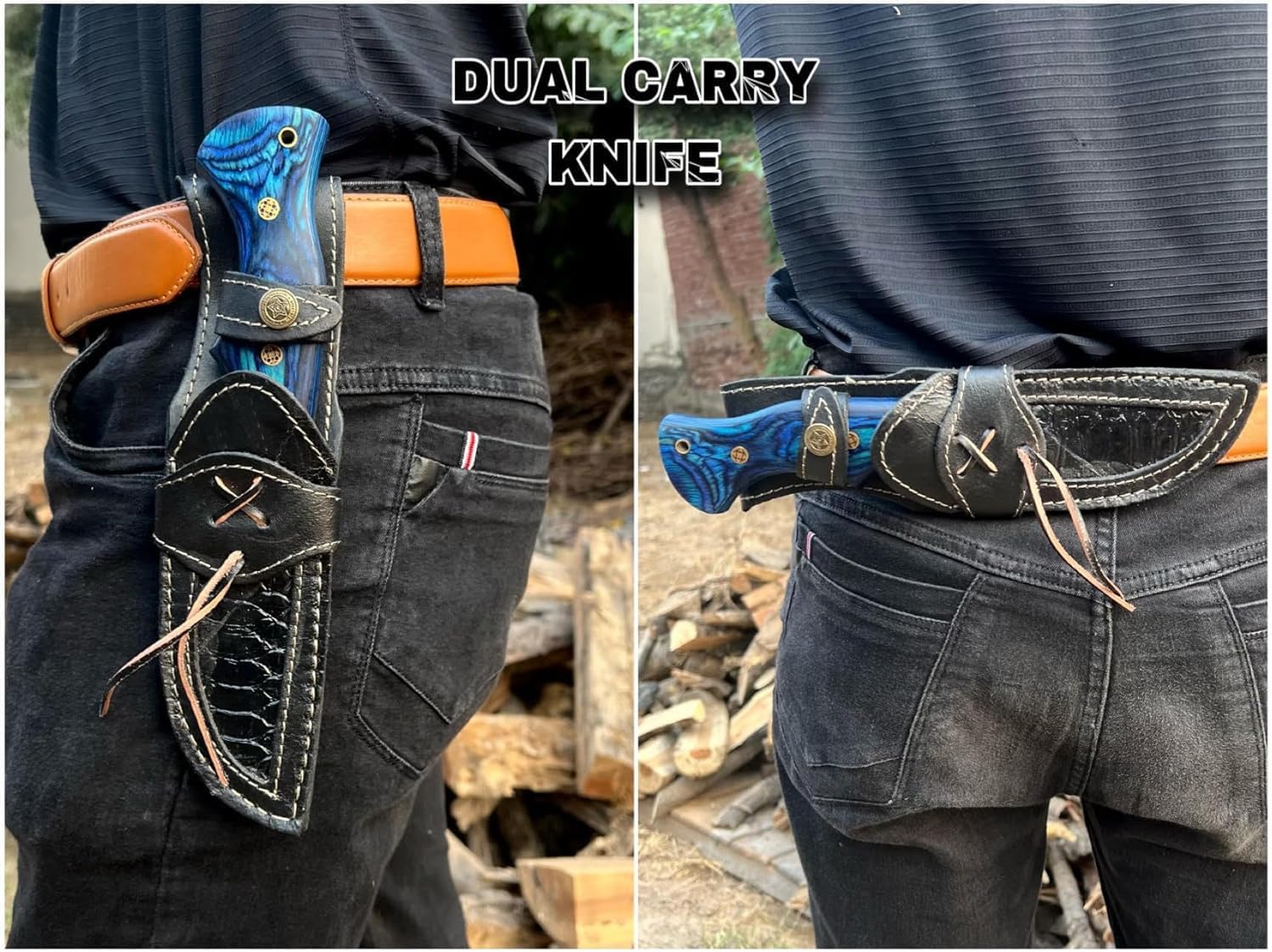 Custom Handmade Damascus Steel Hunting Knife with Leather Sheath - Ideal for Skinning, Camping, Outdoor - EDC Fixed Blade Bushcraft Horizontal and Vertical Carry Knives For Men