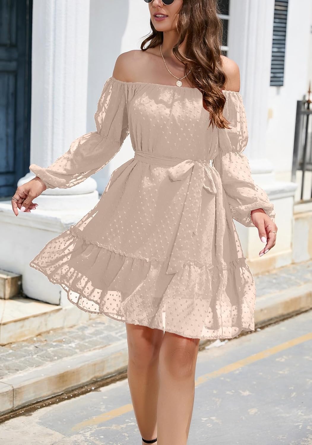 Womens Trendy Ruffle Off Shoulder Dress Long Sleeve Tie Up Waist A-Line Swiss Dot Mini Swing Dress for Women - Image 2