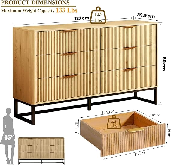 Sideboard Buffet Cabinet with 6 Drawers, 137cm Fluted Storage Cabinet, Modern Coffee Bar Cupboard for Dining Room Living Room Hallway Entryway, Natural Oak (Natural)
