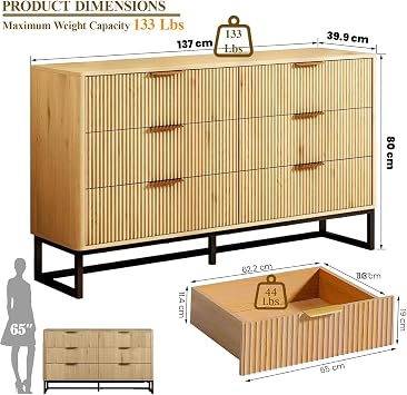 Sideboard Buffet Cabinet with 6 Drawers, 137cm Fluted Storage Cabinet, Modern Coffee Bar Cupboard for Dining Room Living Room Hallway Entryway, Natural Oak (Natural)