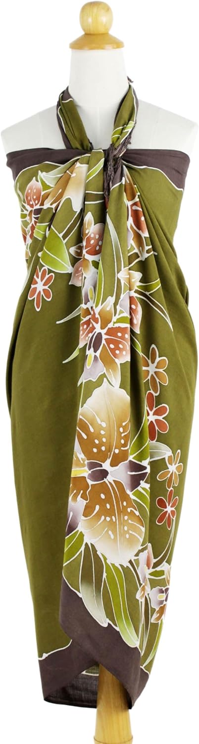 NOVICA Artisan Handmade Rayon Batik Sarong Olive Green with Floral Motif Clothing Patterned Thailand ' Autumn Cattleya'