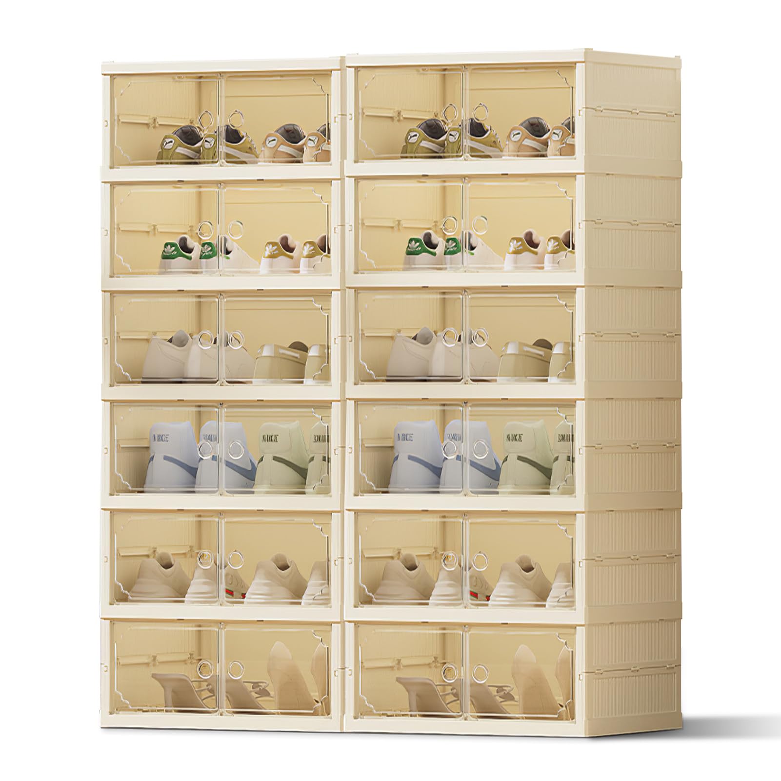 BTGGG Schuhboxen Stapelbar Transparent, 6 Etagen Faltbarer Schuhschrank für 12 Schuhe Kunststoff Schuhaufbewahrung Platzsparend Klappbarer Schuh Organizer Schuhkarton mit Haustür bis Größe 45