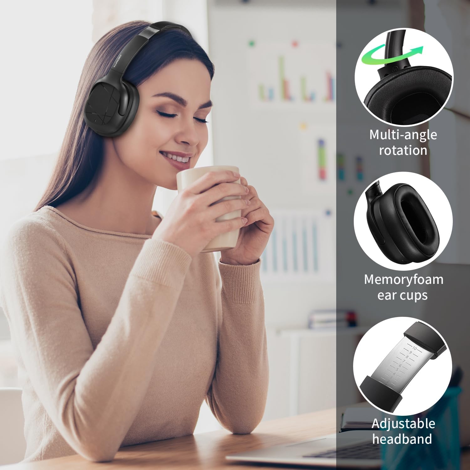 Hybrid Active Noise Cancelling Headphones, Wireless Over Ear Bluetooth, 50H Long ANC Playtime, Rotatable and Foldable, HiFi Audio Deep Bass, Customized EQ via APP, Transparency Mode (Black)