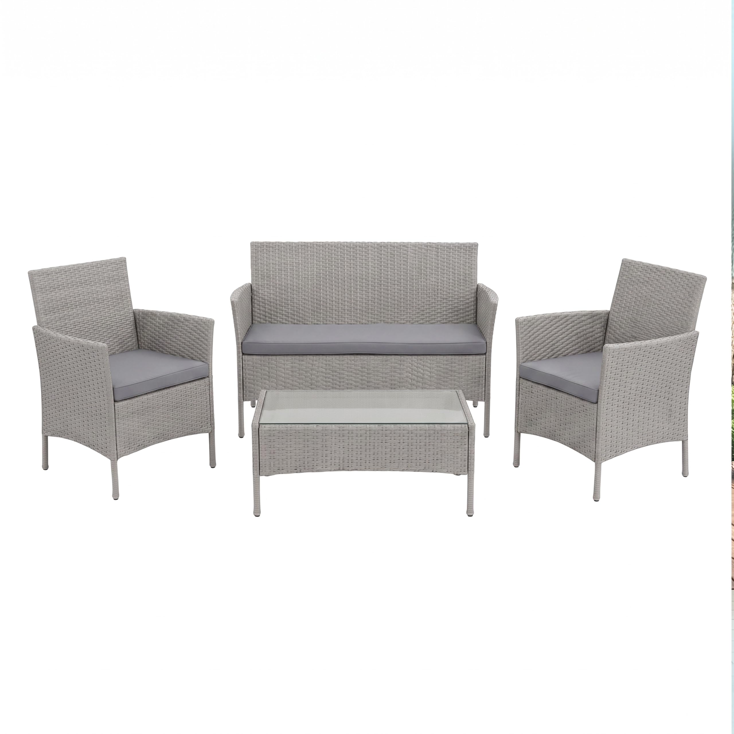 POKAR Set Giardino Rattan Grigio con Cuscini Seduta Grigio | Set 4 Pezzi, Divano 101x54x85, 2x Poltrona 58x54x85, Tavolino 68x42x38 cm, Resina Intrecciata, Metallo | Terrazzo e Patio