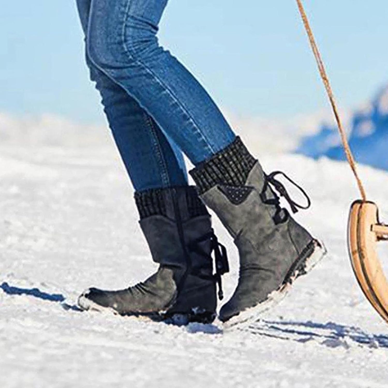 Hbeylia Boots For Women Thermal Suede Knit Splicing Lace Up Fashion Casual Round Toe Chunky Block Low Heels Non Slip Winter Snow Boots Warm Mid Calf Riding Work Dress Short Boots Womens Ankle Booties