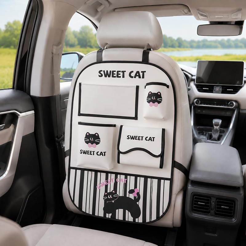 Organizador para Encosto de Banco YUNZLAN com Bolsos, Porta-Tablet e Proteção contra Chutes, Bege com Gato