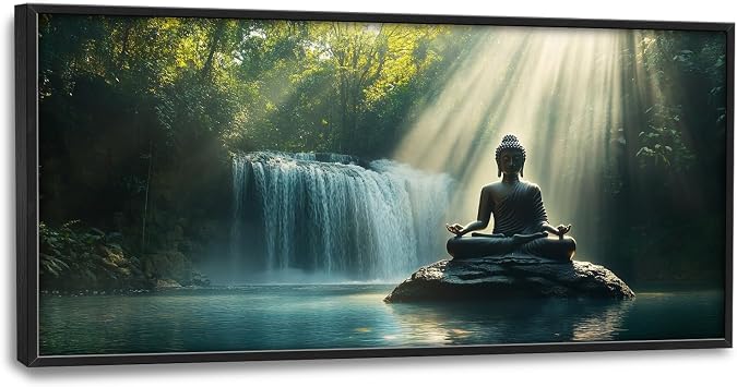 SweetFox Extra Large Buddha Framed Wall Art for Living Room, Zen Buddha Statue Pictures Oversized Wall Decor Forest Waterfall Big Canvas Painting Print Artwork for Bathroom Master Bedroom 60L X 30W