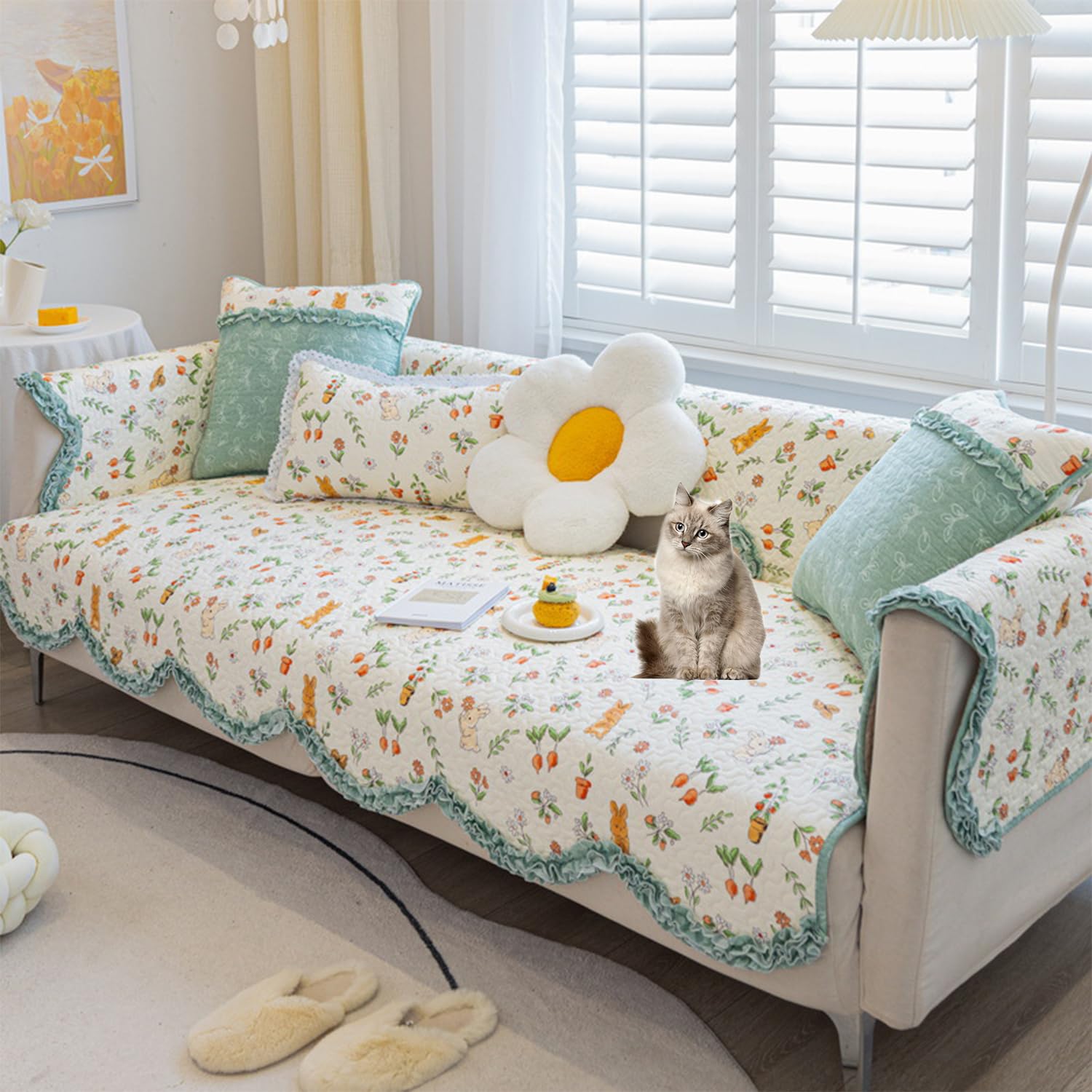 Floral Wave Edge Cotton Sofa Cover Non-Slip Washable Furniture Protector For Sectional Loveseat(D,70 * 90cm/27.6 * 35.4in)