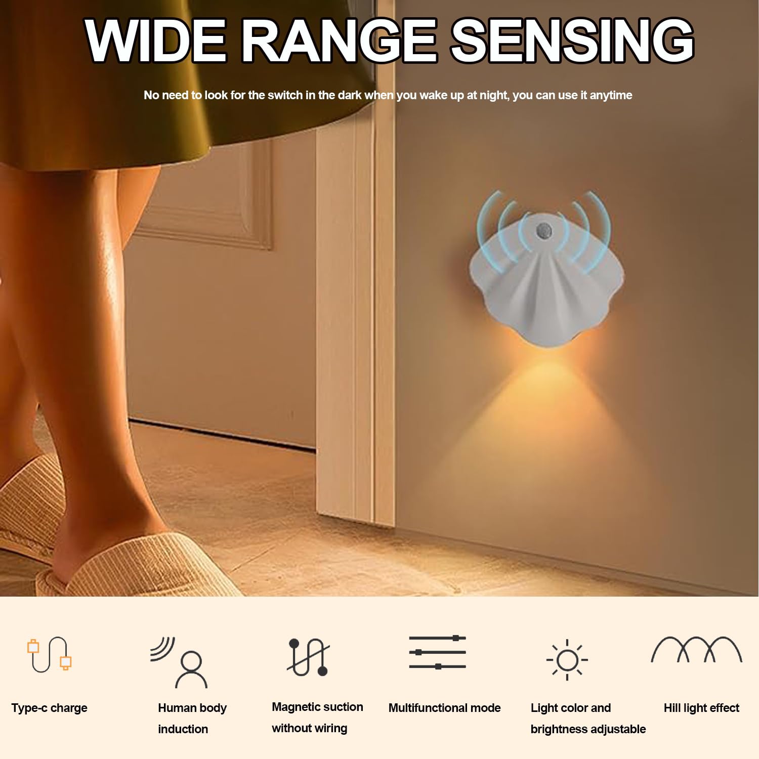 Sensor Night Light Luce notturna a conchiglia Luce notturna ricaricabile da parete USB Luce notturna dimmerabile con sensore di movimento per scale, camera da letto (white, 4)